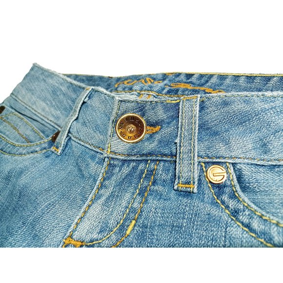 Guess Premium Light Wash Low-Rise Fringe Daredevil Boot Jeans Gold Buttons Sz 26 - Picture 6 of 13